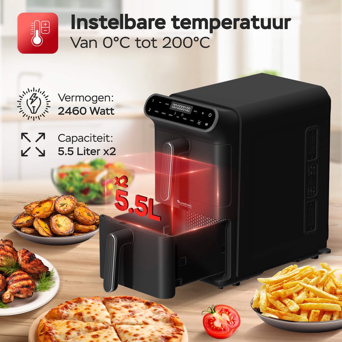 Turbotronic AF-500D Dubbele Airfryer 11L Zwart