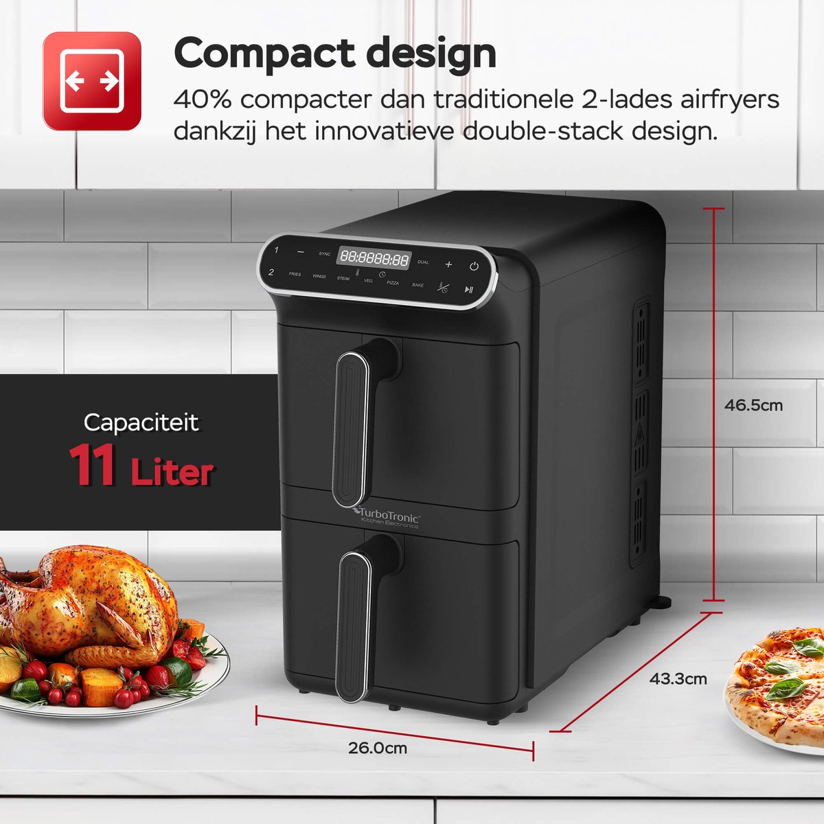 Turbotronic AF-500D Dubbele Airfryer 11L Zwart