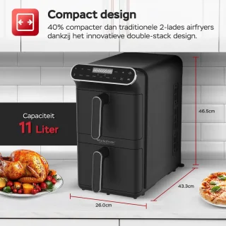 Turbotronic AF-500D Dubbele Airfryer 11L Zwart