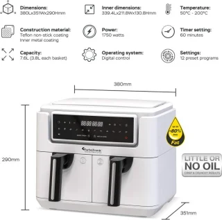 TurboTronic AF118 Dubbele Airfryer XXL 7,6L Wit