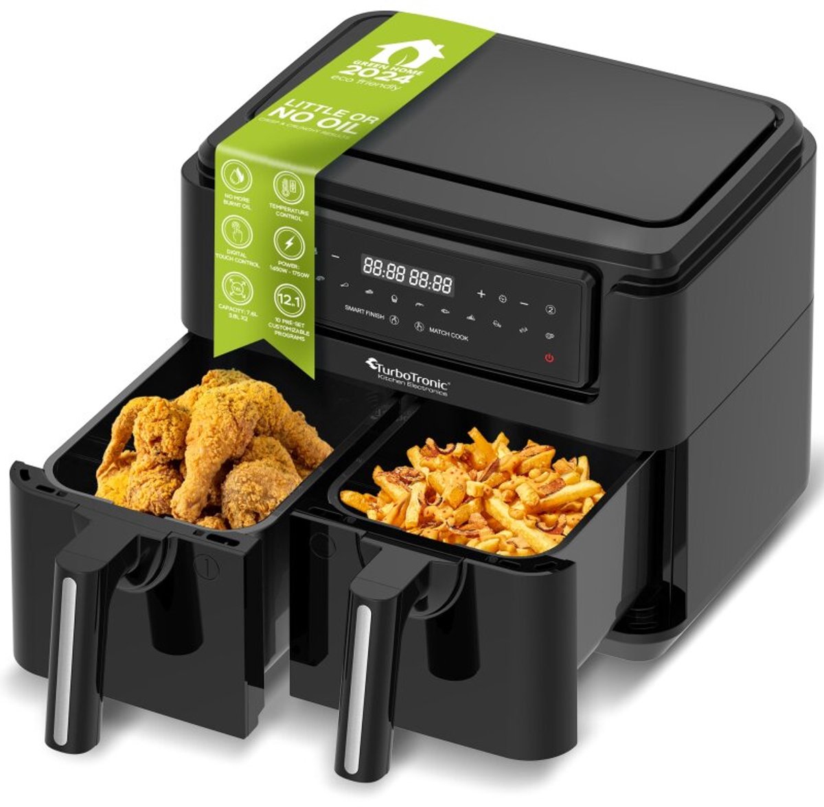 TurboTronic AF118 Dubbele Airfryer XXL 7,6L Zwart