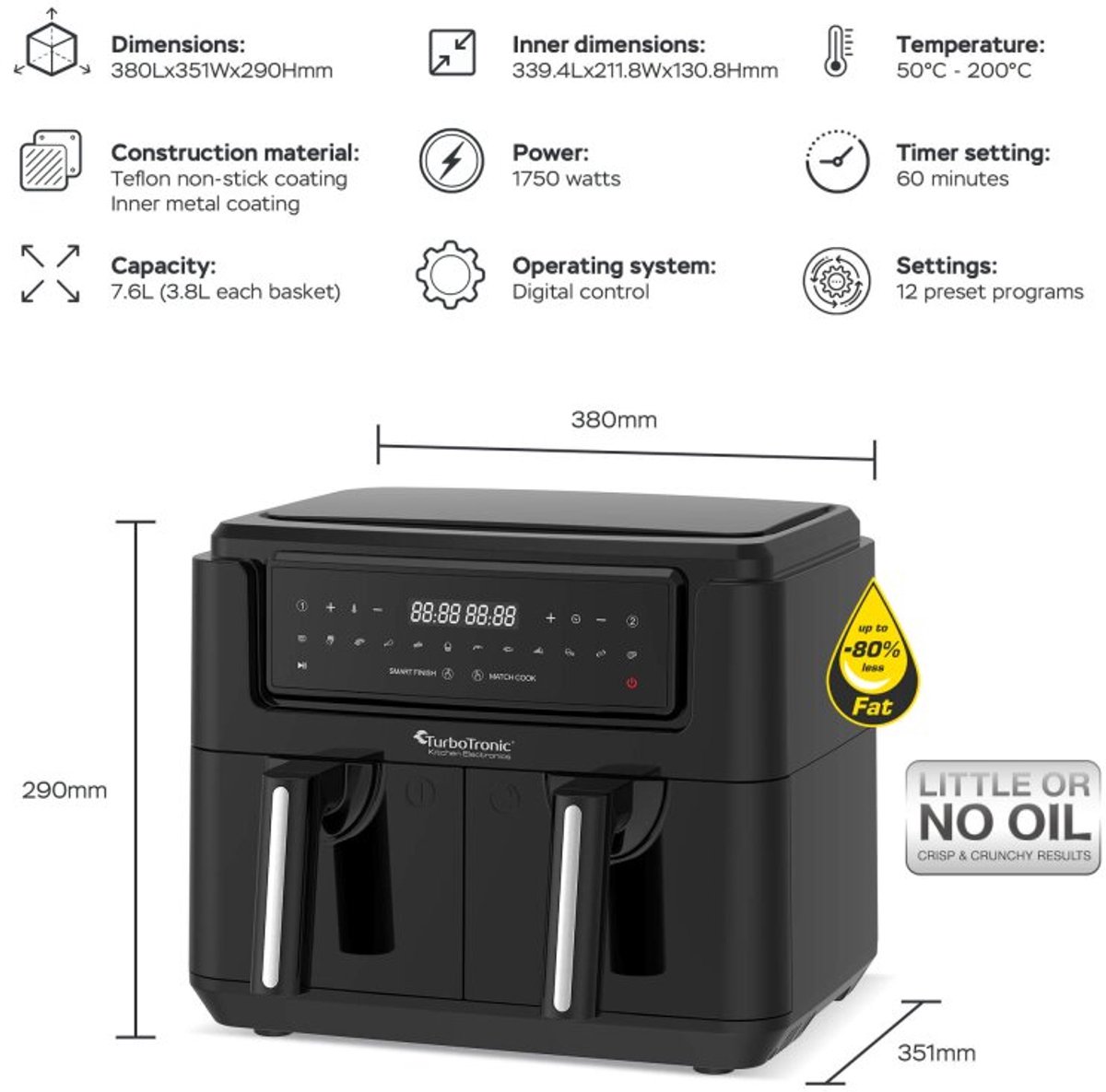 TurboTronic AF118 Dubbele Airfryer XXL 7,6L Zwart