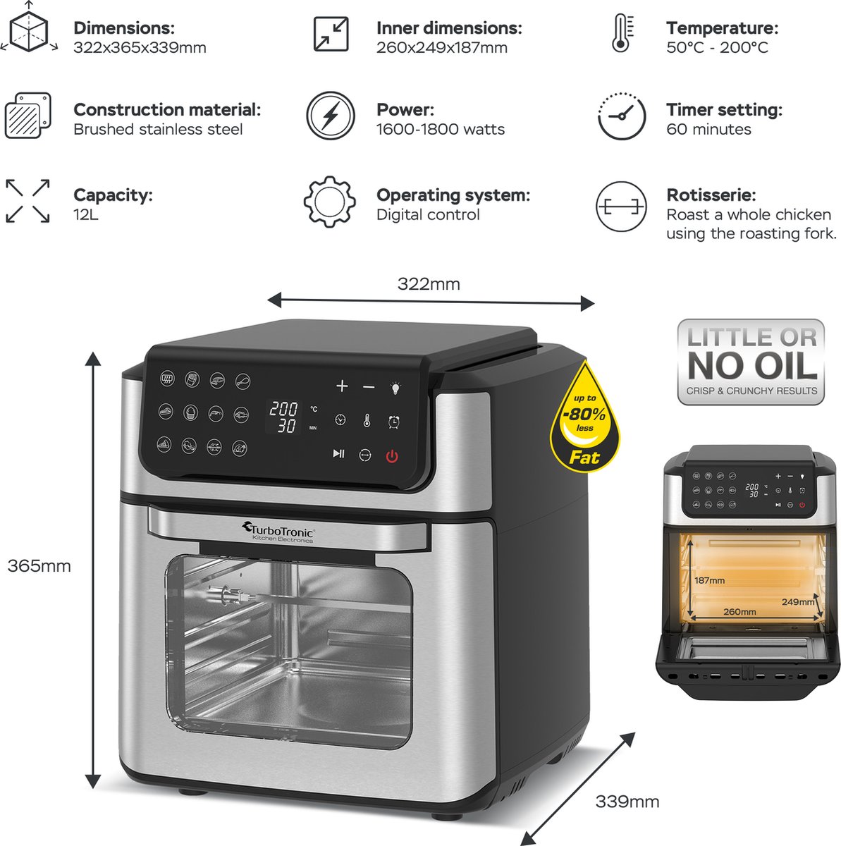 TurboTronic AFO12W Airfryer XXL Zwart/Zilver