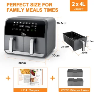 Uten Airfryer XXL Dubbel 2x4L Grijs Zwart