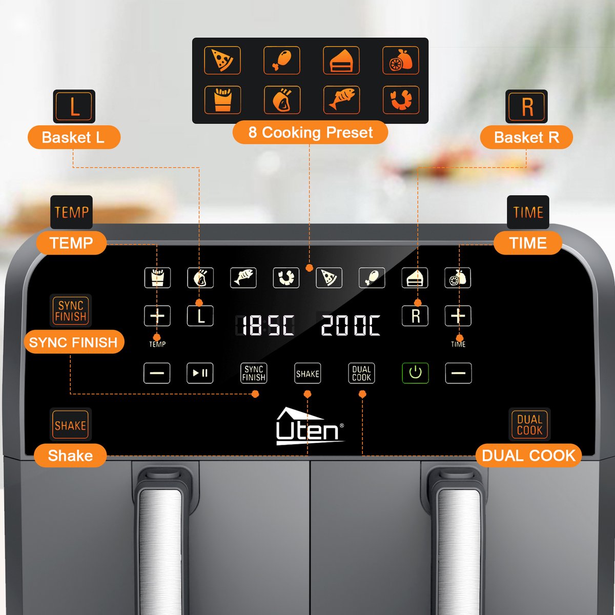 Uten Airfryer XXL Dubbel 2x4L Grijs Zwart