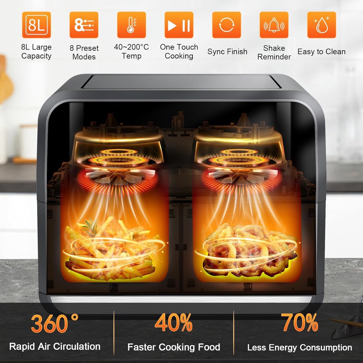 Uten Airfryer XXL Dubbel 2x4L Grijs Zwart