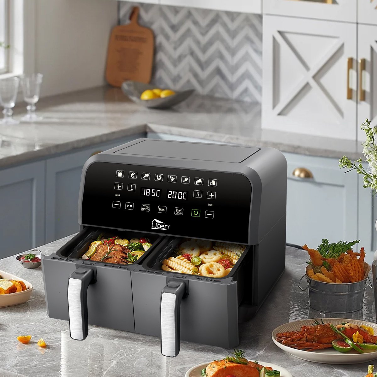 Uten Airfryer XXL Dubbel 2x4L Grijs Zwart
