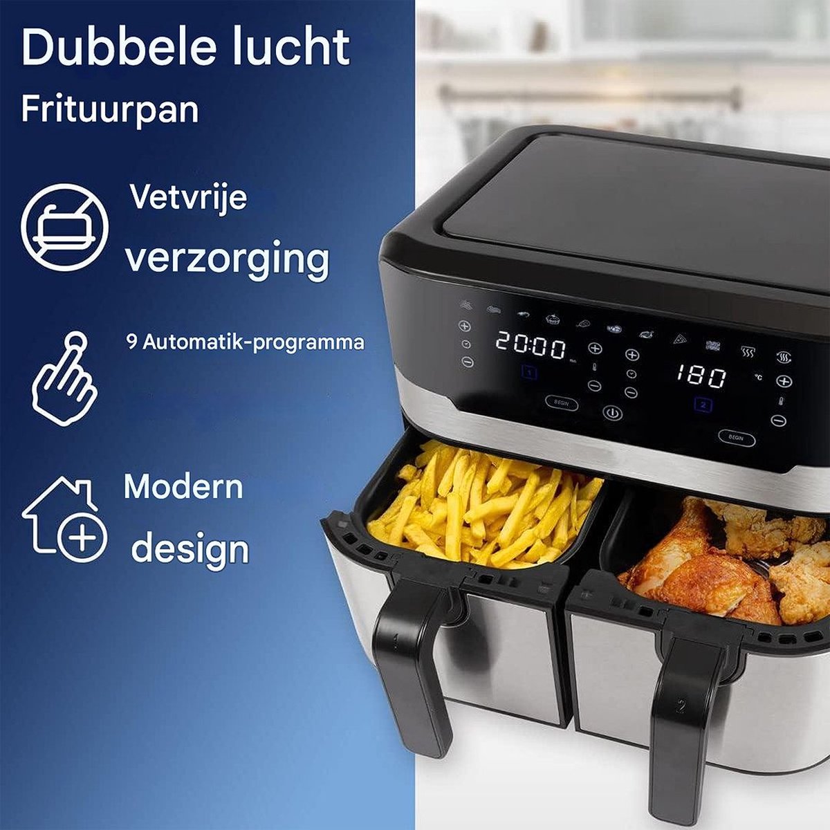 White-label Dubbele Airfryer XXXL 9L Zwart/Zilver