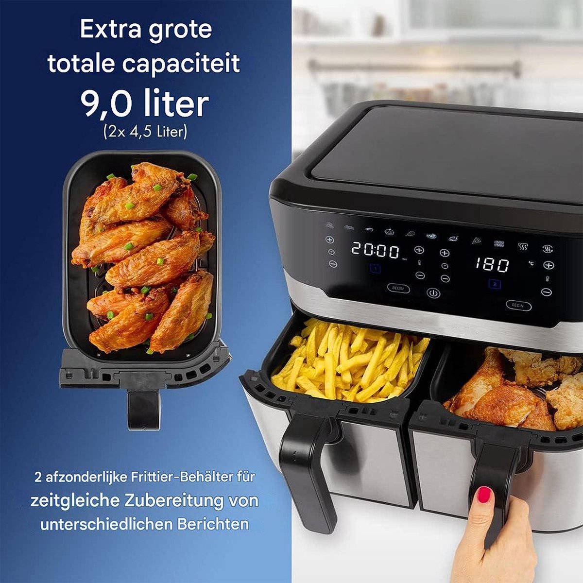 White-label Dubbele Airfryer XXXL 9L Zwart/Zilver