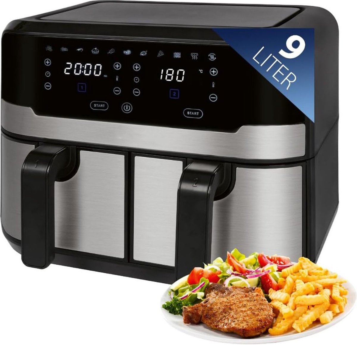 White-label Dubbele Airfryer XXXL 9L Zwart/Zilver