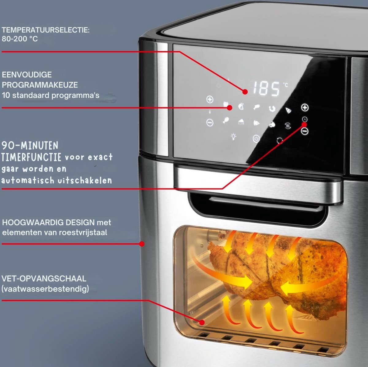XXL Digitale Hetelucht Friteuse 12L Roestvrijstalen Oven 1800W