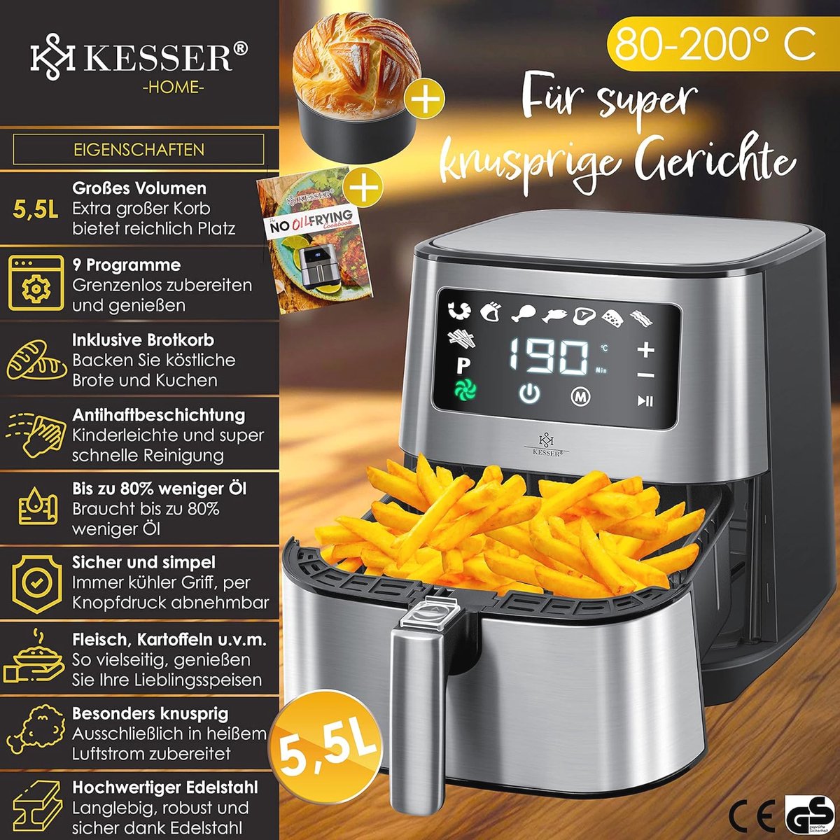 XXL Heteluchtfriteuse 5,5L RVS Touch Display 8 Programma's