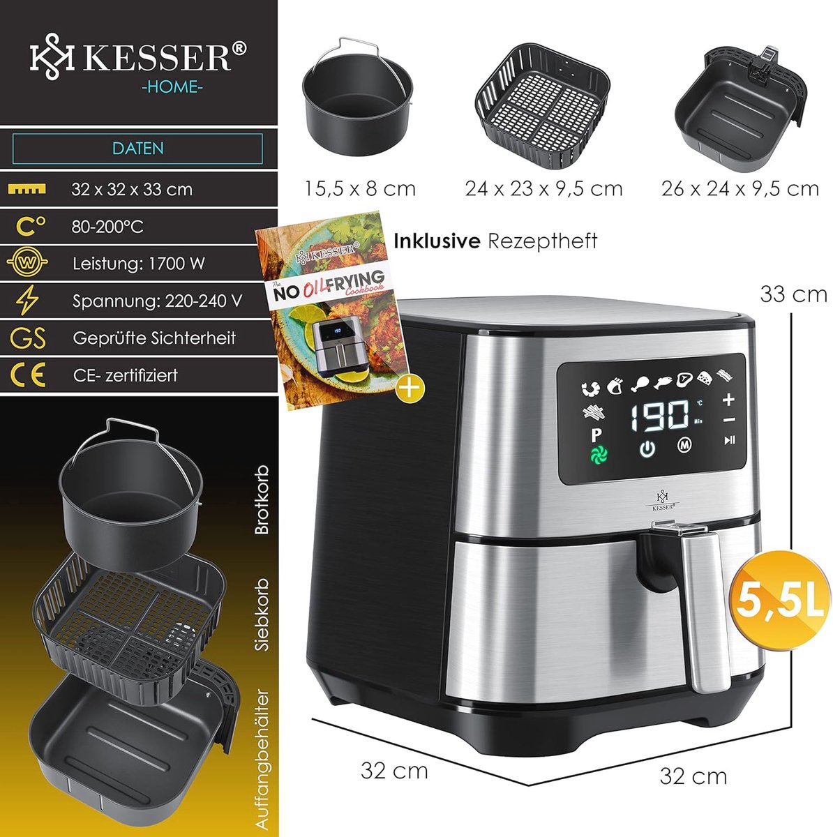 XXL Heteluchtfriteuse 5,5L RVS Touch Display 8 Programma's