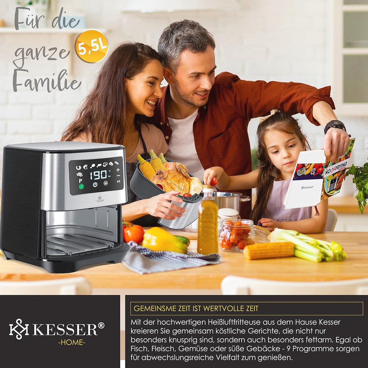 XXL Heteluchtfriteuse 5,5L RVS Touch Display 8 Programma's