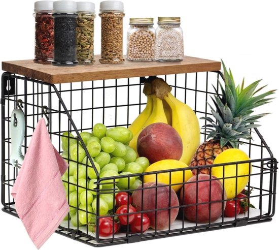 Zwarte Muurfruitmand met Houten Deksel - Keuken Organizer