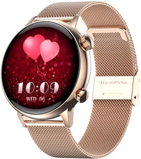Smartwatch voor Dames - Staal en siliconen Bandje - Hartslagmeter - Stappenteller - Slaapmonitor - Multisport - Compatibel met Android en iOS - Waterproof - Goud -Zwart - Roze
