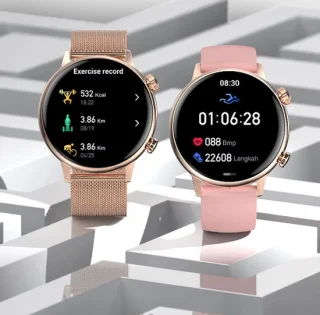 Smartwatch voor Dames - Staal en siliconen Bandje - Hartslagmeter - Stappenteller - Slaapmonitor - Multisport - Compatibel met Android en iOS - Waterproof - Goud -Zwart - Roze