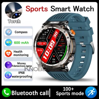 Knobbout 1.7" Outdoor Smartwatch – Digitale Kompas - LED & UV Licht -600mAh batterij - Bluetooth Bellen- IP68 Waterdicht -AI Spraakassistent - Gezondheid & Sportfuncties -Blauw Siliconen Band