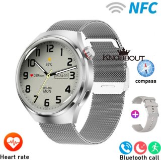 De Knobbout 1.6 inch Stijlvolle HD Kleurenweergave Scherm smartwatch - Ingebouwd Kompas - Hoogtemeter en Barometer - Krachtige NFC-functie - Bluetooth Handsfree Bellen - Dynamische Interactieve Weergave - Zilver staal en siliconen horlogeband in één oogopslag