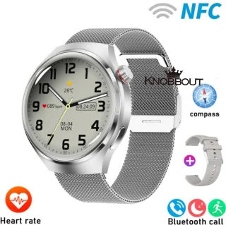 Knobbout 1.6 inch Stijlvolle HD Kleurenweergave Scherm smartwatch - Ingebouwd Kompas - Hoogtemeter en Barometer - Krachtige NFC-functie - Bluetooth Handsfree Bellen - Dynamische Interactieve Weergave - Zilver staal en siliconen horlogeband