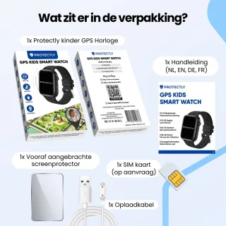 Protectly® GPS Horloge Kind Met Simkaart - SOS Knop - Smartwatch Kinderen - GPS Tracker Kind - Kinder Smartwatch - 4G - Videobellen - HD Camera - Whatsapp en SMS - Elke polsmaat - Incl. Simkaart