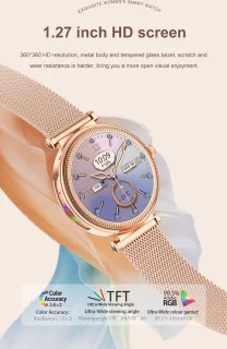 Knobbout 1.27" Smartwatch Dames - Bluetooth belfunctie-AI talk- Bloeddrukmeting -Langzame ademhalingstraining- Hartslagfunctie, Caloriemeting, Slaapmonitor, Afstandmeting, Bloedzuurstofanalyse - Gouden stainless steel band -Android en iOS- Goud