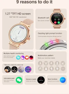 Knobbout 1.27" Smartwatch Dames - Bluetooth belfunctie-AI talk- Bloeddrukmeting -Langzame ademhalingstraining- Hartslagfunctie, Caloriemeting, Slaapmonitor, Afstandmeting, Bloedzuurstofanalyse - Gouden stainless steel band -Android en iOS- Goud