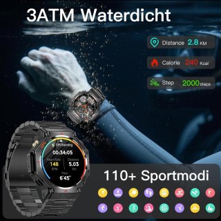 Wat vinden we goed aan de GPS-smartwatch voor heren, 1,39 inch HD smartwatch met oproepen, bluetooth/led-flitslicht, hartslag, SpO2, slaap, 3 ATM, waterdicht en batterij 530 mAh, 107 sportmodi, sporthorloge - zwart