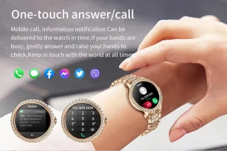 Knobbout 1.32” Stijlvolle Dames Smartwatch met Diamanten – Bluetooth Bellen, AI Spraakassistent, Gezondheidsmonitoring, IP67 Waterdicht, Sportmodi- Zilver staal band met kristallen + extra siliconen band