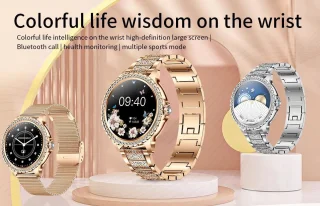Knobbout 1.32” Stijlvolle Dames Smartwatch met Diamanten – Bluetooth Bellen, AI Spraakassistent, Gezondheidsmonitoring, IP67 Waterdicht, Sportmodi- Zilver staal band met kristallen + extra siliconen band