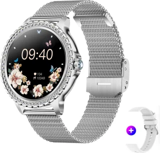 Knobbout 1.32” Stijlvolle Dames Smartwatch met Diamanten – Bluetooth Bellen, AI Spraakassistent, Gezondheidsmonitoring, IP67 Waterdicht, Sportmodi- Zilver staal band met kristallen + extra siliconen band