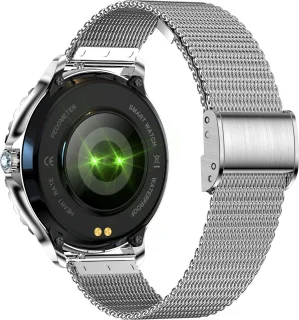Knobbout 1.32” Stijlvolle Dames Smartwatch met Diamanten – Bluetooth Bellen, AI Spraakassistent, Gezondheidsmonitoring, IP67 Waterdicht, Sportmodi- Zilver staal band met kristallen + extra siliconen band