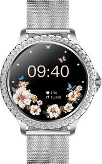 Knobbout 1.32” Stijlvolle Dames Smartwatch met Diamanten – Bluetooth Bellen, AI Spraakassistent, Gezondheidsmonitoring, IP67 Waterdicht, Sportmodi- Zilver staal band met kristallen + extra siliconen band