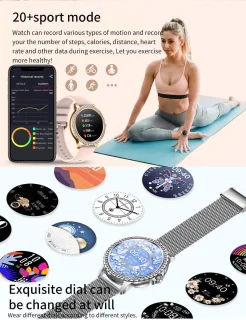 Knobbout 1.32” Stijlvolle Dames Smartwatch met Diamanten – Bluetooth Bellen, AI Spraakassistent, Gezondheidsmonitoring, IP67 Waterdicht, Sportmodi- Zilver staal band met kristallen + extra siliconen band