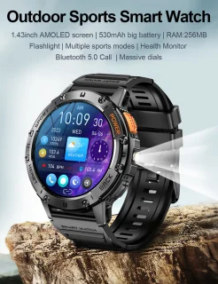 WizBay Premium Select® 1.43inch Amoled Sport Smartwatch Dames Heren - Android en iOS - IP68 - LED Zaklamp - Bluetooth Bellen - Hartslag & Slaap Monitor - Bloeddruk & Bloedzuurstofmeting - Multiple 60+ Sport Modi - Smartwatches - Zwart