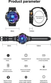 WizBay Premium Select® 1.43inch Amoled Sport Smartwatch Dames Heren - Android en iOS - IP68 - LED Zaklamp - Bluetooth Bellen - Hartslag & Slaap Monitor - Bloeddruk & Bloedzuurstofmeting - Multiple 60+ Sport Modi - Smartwatches - Zwart