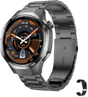 Knobbout 1.53" Stijlvolle Sport Smartwatch – NFC- Kompas, Hoogtemeter, Barometer-Bluetooth Bellen - Draadloos Opladen - hartslag, bloeddruk, zuurstofgehalte (SpO₂) - AI Assistent - medicatie innemen alert - Zwart staal + Siliconen Band