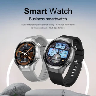 Knobbout 1.53" Stijlvolle Sport Smartwatch – NFC- Kompas, Hoogtemeter, Barometer-Bluetooth Bellen - Draadloos Opladen - hartslag, bloeddruk, zuurstofgehalte (SpO₂) - AI Assistent - medicatie innemen alert - Zwart staal + Siliconen Band