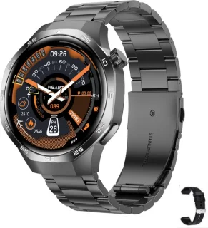 Knobbout 1.53" Stijlvolle Sport Smartwatch – NFC- Kompas, Hoogtemeter, Barometer-Bluetooth Bellen - Draadloos Opladen - hartslag, bloeddruk, zuurstofgehalte (SpO₂) - AI Assistent - medicatie innemen alert - Zwart staal + Siliconen Band