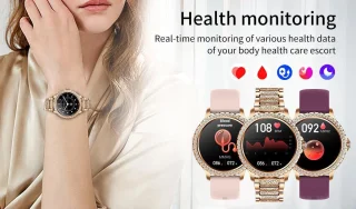 Stijl Ontmoet Slimheid: Knobbout 1.32” Roségouden Smartwatch met Diamanten – Voor Vrouwen die Stralen! Bluetooth Bellen, Gezondheidstracker & AI Assistent- Roségouden talen band met kristallen + extra siliconen band