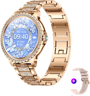 Stijl Ontmoet Slimheid: Knobbout 1.32” Roségouden Smartwatch met Diamanten – Voor Vrouwen die Stralen! Bluetooth Bellen, Gezondheidstracker & AI Assistent- Roségouden talen band met kristallen + extra siliconen band