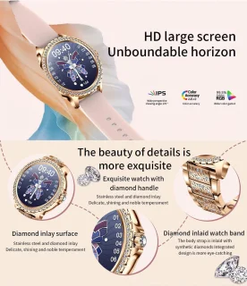 Stijl Ontmoet Slimheid: Knobbout 1.32” Roségouden Smartwatch met Diamanten – Voor Vrouwen die Stralen! Bluetooth Bellen, Gezondheidstracker & AI Assistent- Roségouden talen band met kristallen + extra siliconen band