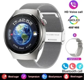 2025 Bloedsuiker Smart Watch Niet-Invasieve Bloedglucose Hartslag Gezondheid Monitor Pijnloos Meten Sport Smartwatch Insuline Meten AI Technologie Zilveren band + Extra Witte Ledere Band