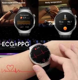 2025 Bloedsuiker Smart Watch Niet-Invasieve Bloedglucose Hartslag Gezondheid Monitor Pijnloos Meten Sport Smartwatch Insuline Meten AI Technologie Zilveren band + Extra Witte Ledere Band