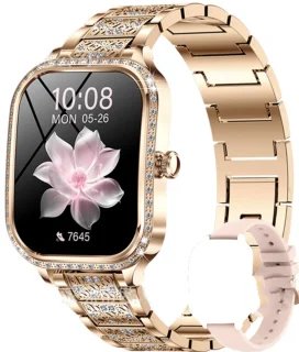 Knobbout 1,75 inch HD gebogen scherm smartwatch met ingelegde diamant - Slank, stijlvol en elegant design - Vrouwelijke gezondheidstracking - Bluetooth-belfunctie - Roségouden talen band met kristallen + extra siliconen band