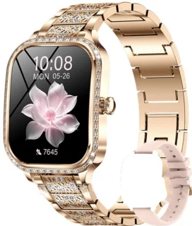 Knobbout 1,75 inch HD gebogen scherm smartwatch met ingelegde diamant - Slank, stijlvol en elegant design - Vrouwelijke gezondheidstracking - Bluetooth-belfunctie - Roségouden talen band met kristallen + extra siliconen band