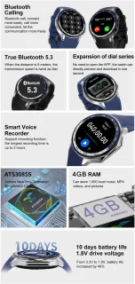 Knobbout 1.43 inch AMOLED-scherm met 3D-ontwerp Smartwatch - Slimme opnamefunctie- 4 GB interne opslag - MP4-video-ondersteuning - Nieuwste ATS3085S Gen 2-chipset - Ingebouwde kompasfunctie - Zwart staal+ zwart lederen + blauwe siliconen horlogeban