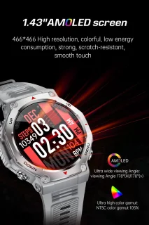 Knobbout 1.43” AMOLED Smartwatch – 466×466 HD Scherm – 5ATM Waterdicht (tot 50m) – LED Zaklamp + UV-Licht + SOS Noodflits – Bluetooth Bellen – 525mAh Lange Batterijduur – Outdoor & Sporthorloge voor Android/iOS-Zwart