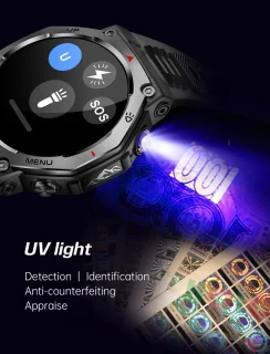 Knobbout 1.43” AMOLED Smartwatch – 466×466 HD Scherm – 5ATM Waterdicht (tot 50m) – LED Zaklamp + UV-Licht + SOS Noodflits – Bluetooth Bellen – 525mAh Lange Batterijduur – Outdoor & Sporthorloge voor Android/iOS-Zwart