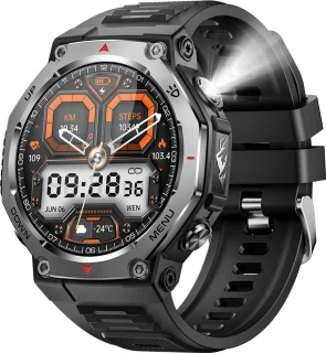 Knobbout 1.43” AMOLED Smartwatch – 466×466 HD Scherm – 5ATM Waterdicht (tot 50m) – LED Zaklamp + UV-Licht + SOS Noodflits – Bluetooth Bellen – 525mAh Lange Batterijduur – Outdoor & Sporthorloge voor Android/iOS-Zwart